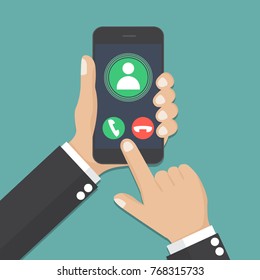 Outgoing call. White smartphone with call screen. Waiting for answer concept. Human hand holding cellphone, finger touching screen. Modern flat design graphic elements and objects. Vector illustration