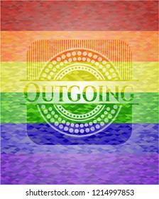 Outgoing emblem on mosaic background with the colors of the LGBT flag