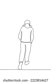 outgoing man in hoodie walking and hands in pockets back view    one line drawing vector  concept to leave  pass by