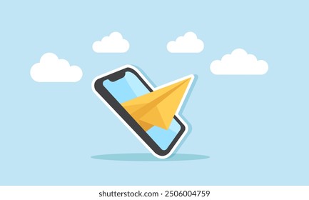 Outgoing message, sent message, social media message delivered to the recipient concept of A paper plane flying out of a smartphone, representing a message sent to a friend or business partner