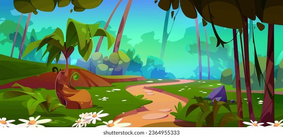 Outgoing path in forest among trees, bushes and flowers. Cartoon vector illustration of spring or summer jungle landscape with leaving solid trail. Green woodland natural panorama with pathway.