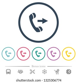 Outgoing phone call flat color icons in round outlines. 6 bonus icons included.