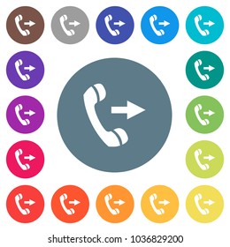 Outgoing phone call flat white icons on round color backgrounds. 17 background color variations are included.