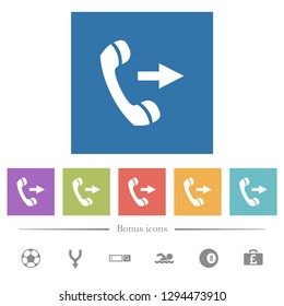 Outgoing phone call flat white icons in square backgrounds. 6 bonus icons included.
