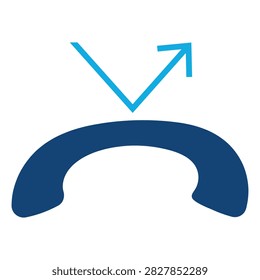 Outgoing phone call icon featuring a telephone handset with upward arrow in blue flat design, representing outbound call, call forwarding, dialing, customer contact and business communication isolated on white background.
