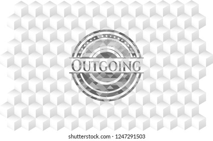 Outgoing realistic grey emblem with geometric cube white background