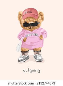 outgoing slogan with bear doll in pink hoodie dress vector illustration