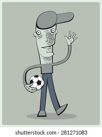 Outgoing smiling guy with soccer ball is waving friendly