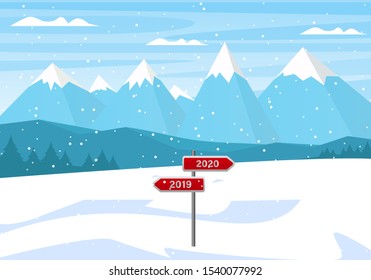 Outgoing year. Road sign on a background of mountain landscape. Day. Happy New Year. Red Sign Vector