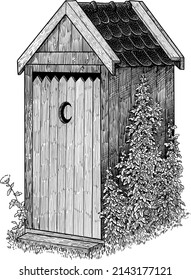 Outhouse illustration, drawing, engraving, ink, line art, vector