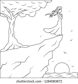 Outine drawing girl standing on the edge of the cliff an looking at the storm sea, shadows, windy dreams, Girl sun and tree. Vector illustration
