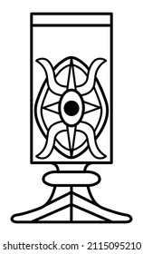 Outined vector drawing of heavily ornamented fantasy goblet with rectangular bowl. Medieval styled cup. Graphic illustration for logo, card poster, banner.