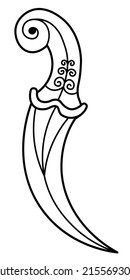 Outined vector drawing of ornamented curved fantasy dagger with spiral pommel and ivy plant engraving on grip. Medieval styled s-shaped knife. Graphic illustration for logo, card poster, banner.