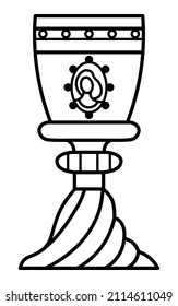 Outined vector drawing of ornamented fantasy goblet with spiral foot. Medieval styled cup. Graphic illustration for logo, card poster, banner.