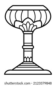 Outined vector drawing of ornamented fantasy goblet with flower shaped bowl and long stem. Medieval styled cup. Graphic illustration for logo, card poster, banner.