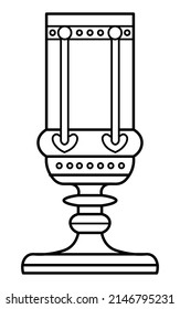 Outined vector drawing of ornamented fantasy goblet with rectangular bowl, inlay on rim and curvy stem. Medieval styled cup. Graphic illustration for logo, card poster, banner.