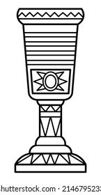 Outined vector drawing of ornamented fantasy goblet with chevron pattern on rim and stem, striped pattern and sun symbol on bowl. Medieval styled cup. Graphic illustration for logo, poster, banner.