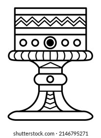 Outined vector drawing of ornamented fantasy goblet with wide rectangular bowl and chevron pattern on rim. Medieval styled cup. Graphic illustration for logo, card poster, banner.
