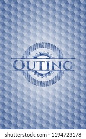 Outing blue emblem or badge with abstract geometric pattern background.