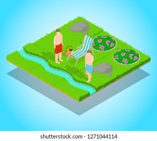 Outing concept banner. Isometric banner of outing vector concept for web, giftcard and postcard