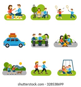 Outing concepts with friends and families outdoors isolated vector illustration