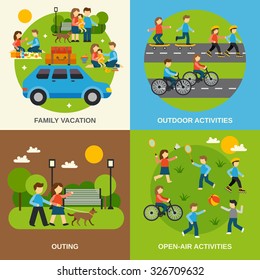 Outing design concept set with family vacation isolated vector illustration