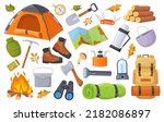 Outing equipment. Camping equipments, cartoon travel trekking scouts tool, hiking gear adventure trip rucksack tent camp object tourism summer vacation set neat vector illustration of tourist backpack