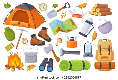 Outing equipment. Camping equipments, cartoon travel trekking scouts tool, hiking gear adventure trip rucksack tent camp object tourism summer vacation set neat vector illustration of tourist backpack