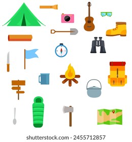 Outing equipment. Camping equipments, cartoon travel trekking scouts tool, hiking gear adventure trip rucksack tent camp object tourism summer vacation set neat vector illustration of tourist backpack