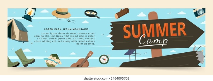 Outing equipment. Camping equipments, Concept of wanderlust, travel, and camping adventure. Vector illustration, poster and banner.