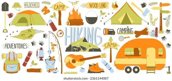 Outing equipment. Camping equipments, set of cartoon travel trekking scouts tool, hiking gear adventure trip rucksack, vector illustration of tourist backpack