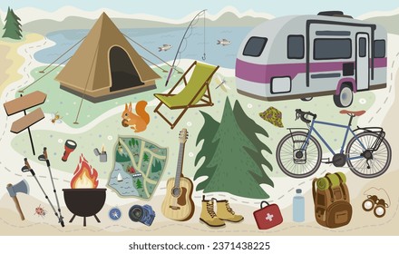 Outing equipment. Summer vacation items. Tourism concept. Hiking and camping collection.