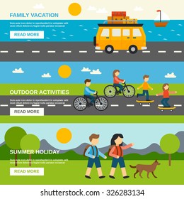 Outing horizontal banner set with outdoor activities elements isolated vector illustration