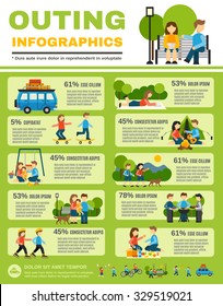 Outing infographics set with families with kids outdoors vector illustration