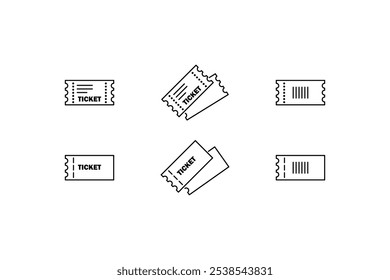 Conjunto de iconos de tickets de estilo Outlane. Icono de línea de boletos de cine. Firma de permiso de concierto. CUPÓN VIP o icono de cupón. Billete de Plantilla en blanco. Símbolo de billete o Cupón.