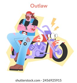 Ilustración de Arquetipo Outlaw. Un motociclista rebelde rezuma libertad e inconformidad, con un fondo de motocicleta atronador. Diseño de Vector atrevido y vanguardista.