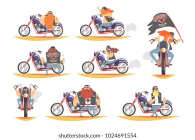 Outlaw Biker Club Members On Heavy Choppers With Leather Vests And Long Beards Set Of Cartoon Characters
