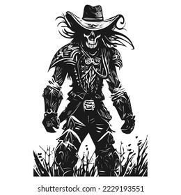 outlaw cowboy skeleton tattoo hand drawn vector black and white clip art