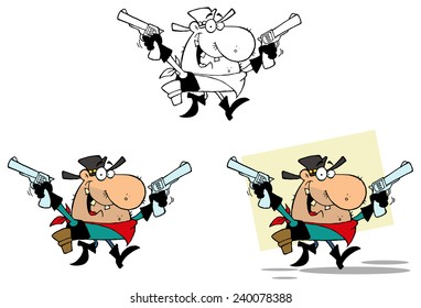 Outlaw Cowboy With Two Guns. Vector Collection Set