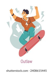 Anunciar el arquetipo Jungiano, adolescente aislado en skateboard sonriendo. El niño anhela liberarse de la opresión, la psicología y los rasgos de carácter. Autodescubrimiento y desarrollo. Vector en estilos planos