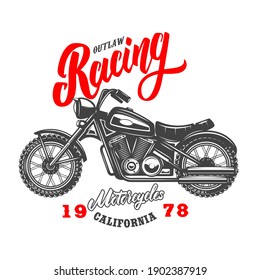 Outlaw racing. Emblem template with old style motorcycle. Design element for logo, label, sign, emblem, poster. Vector illustration