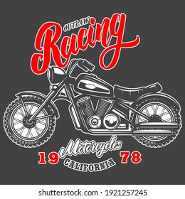 Outlaw racing. Emblem template with old style motorcycle. Design element for logo, label, sign, emblem, poster. Vector illustration