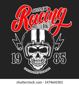 Outlaw racing. Emblem template with skull in racer helmet. Design element for poster, logo, label, sign, badge. Vector illustration