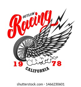 Outlaw racing. Emblem template with winged wheel. Design element for poster, logo, label, sign, badge. Vector illustration