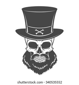 Outlaw skull with beard and high hat portrait vector. Crossbones logo template. Bearded rover t-shirt insignia design.