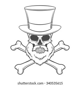 Outlaw skull with beard and high hat portrait vector. Crossbones logo template. Bearded rover t-shirt insignia design