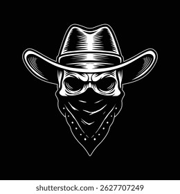 Outlaw Skull with Cowboy Hat and Bandana, Vintage Western Line Art Illustration