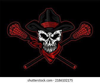 Outlaw Skull Mascot With Crossed Lacrosse Sticks For School, College Or League