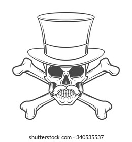 Outlaw skull with mustache, high hat and crossbones portrait. Crossbones head hunter logo template. Steampunk rover t-shirt insignia design.