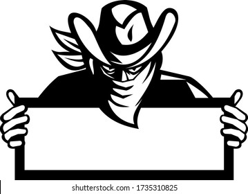 Outlaw Wearing Face Mask Holding Sign Retro Black and White